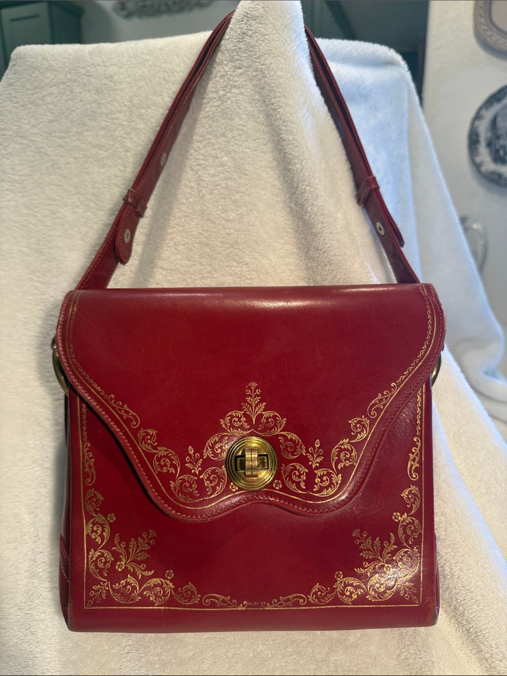 RARE RED Italian Leather Crossbody/Shoulder Bag with Gold Filigree Accent